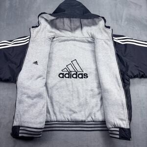 Adidas Reversible Hooded Bomber Jacket Men's XXL Black Gray 3 Stripe VTG Y2K 90s